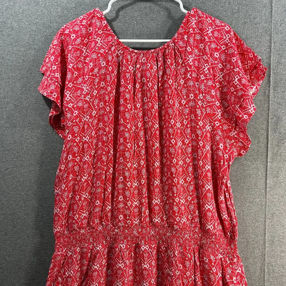 Destination 365 Printed Short-Sleeve Midi Dress with Smo Red Abstract XL